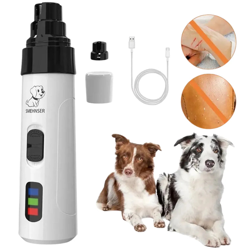 Aparador-de-Unhas-Silencioso-para-Caes-e-Gatos-ABS-um-cachorro-marrom-e-outro-pintado-de-branco-e-preto-e-mostrando-os-acessorios-inclusos-do-produto